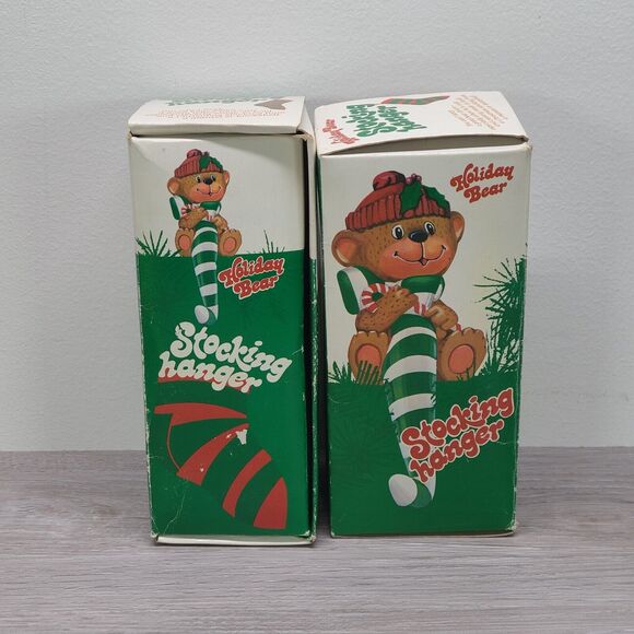Vintage 1982 Holiday Bear Christmas Stocking Hanger Candy Cane Scarf Set of 2 - Picture 1 of 5